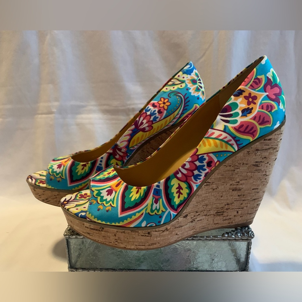 Vibrant Multicolor Floral Print Cork Wedge Heels - Picture 3 of 15